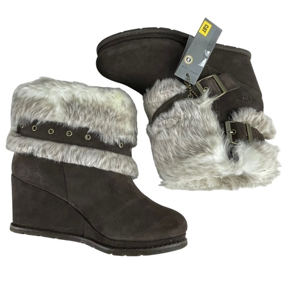 CATERPILLAR CAT BOISTEROUS FAUX FUR CAFE BROWN SUEDE WEDGE WINTER BOOTIES BOOTS - Picture 5 of 15